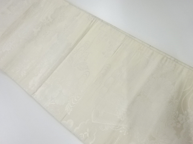 アンティーク　檜扇に牡丹・菊桐模様織出し花嫁衣装白無垢丸帯（材料）